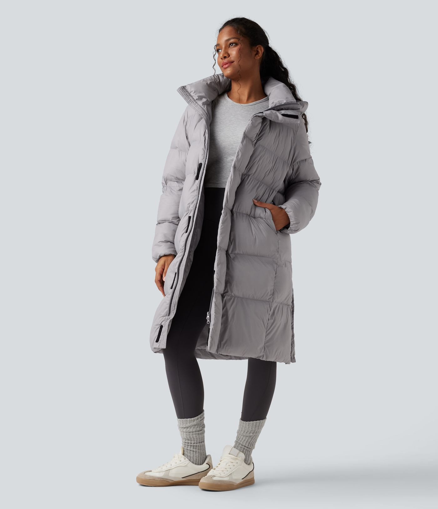 Damen Lässige, lange Pufferjacke mit Kapuze, Seitentaschen, Reißverschluss und langen Ärmeln -... | Halara - DE