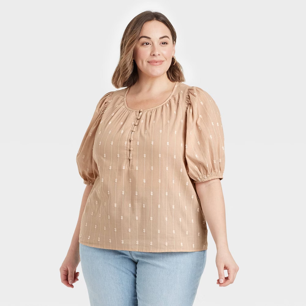Women's Plus Size Puff Elbow Sleeve Button-Down Blouse - Universal Thread Tan 4X | Target