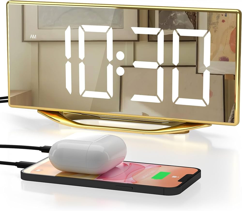 Alarm Clock for Bedroom, Modern Digital Clock for Living Room, 8.7" LED Mirror Alarm Clock with 2... | Amazon (US)