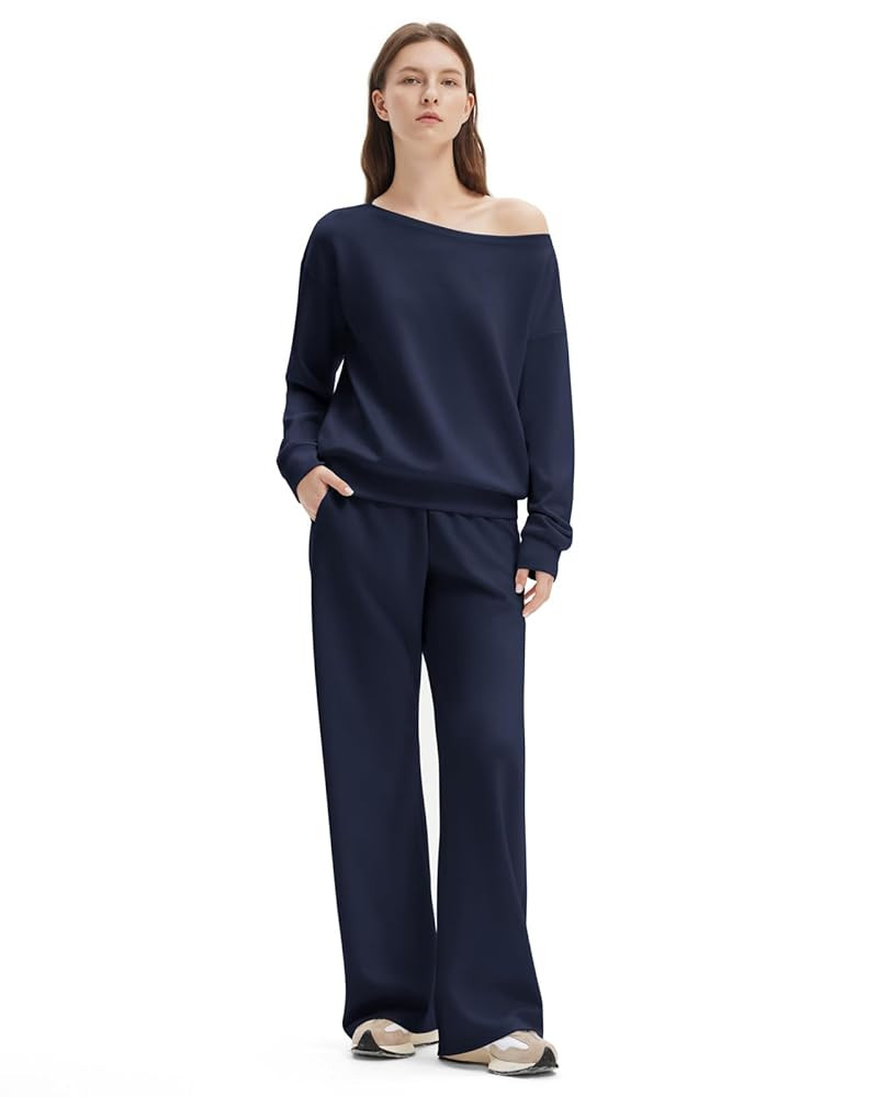 SUUKSESS Women 2 Piece Lounge Matching Set Off Shoulder Sweatshirt Wide Leg Sweatpant | Amazon (US)