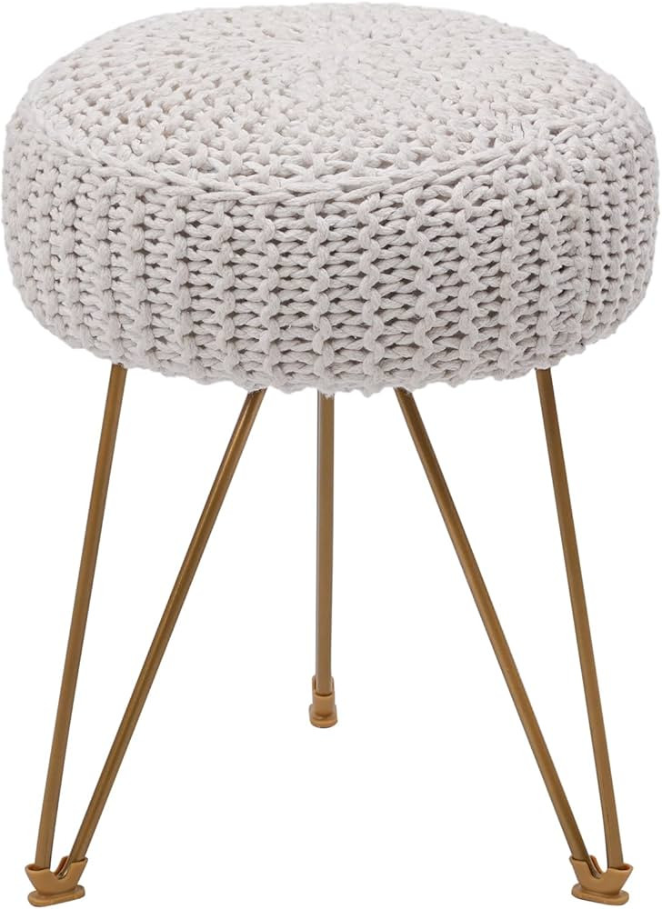 Round Boho Pouf Stool Ottoman, Hand Knitted Pouffe, Cotton Braided Cord Seat with Gold Metal Legs, Home Decor Foot Rest for Living Room, Bedroom (Beige) | Amazon (US)