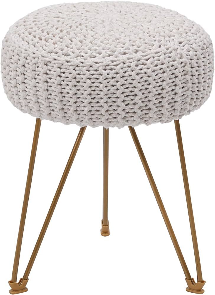 Round Boho Pouf Stool Ottoman, Hand Knitted Pouffe, Cotton Braided Cord Seat with Gold Metal Legs, Home Decor Foot Rest for Living Room, Bedroom (Beige) | Amazon (US)