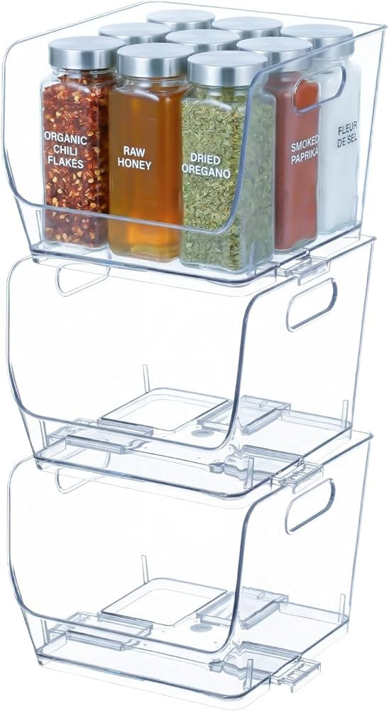 Basicwise Set of 3 Open-Front 9-Inch Clear Storage Bins with Easy-Grip Handles Stackable Transpar... | Amazon (US)