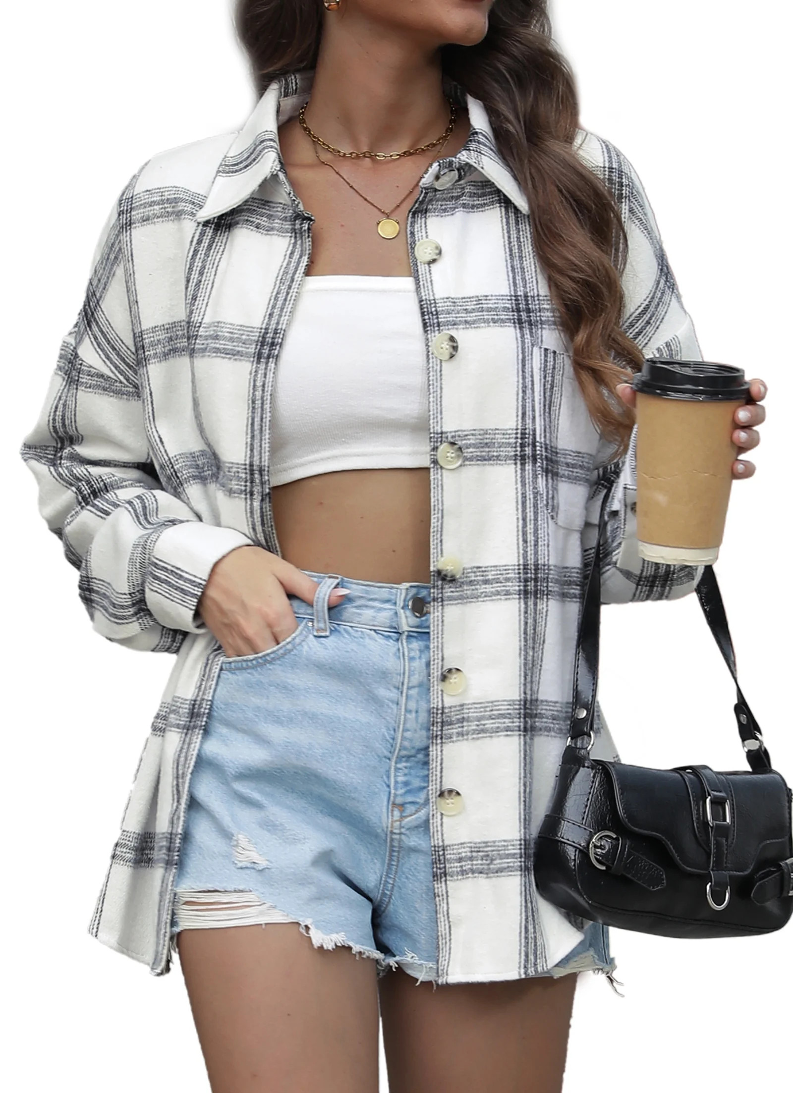 Fantaslook Womens Plaid Shirts Flannel Shacket Jacket Long Sleeve Button Down Shirts Blouses Tops | Walmart (US)