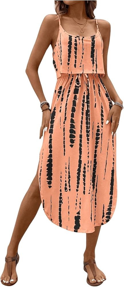 Women's Spaghetti Strap Tie Dye Cami Dress Scoop Neck Split Thigh Midi Dresses Knot Front Sun Dre... | Amazon (US)
