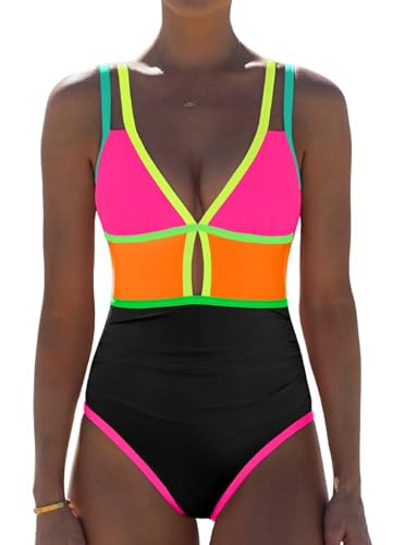 popvil Women One Piece Swimsuit 2026 Tummy Control Sexy Cutout Neon Color Block Bathing Suit Slimming Adjustable Swimwear, Pink Orange, Large | Amazon (US)