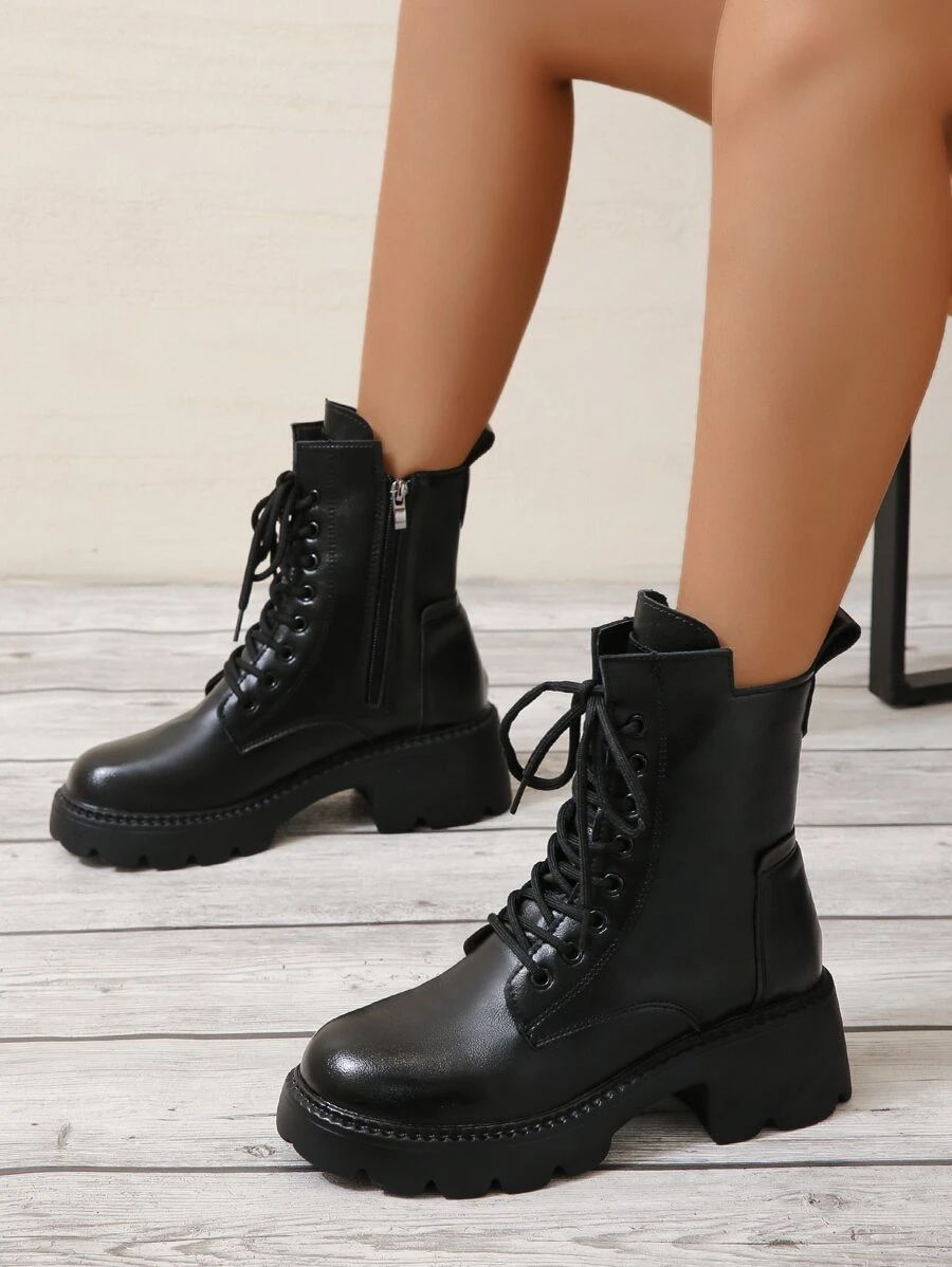 Zipper Side Lace-up Front Combat Boots
   
      SKU: sx2208301515848093
         US$28.25 US$44.... | SHEIN