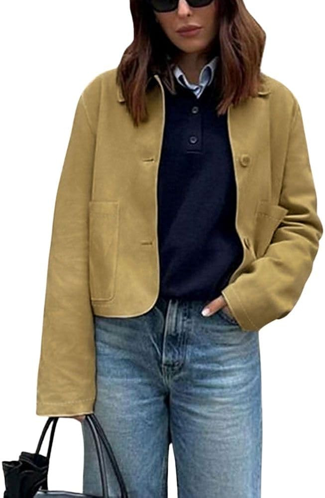 chouyatou Women's Faux Suede Cropped Jacket Casual Button Down Faux Suede Leather Shacket Tops | Amazon (US)