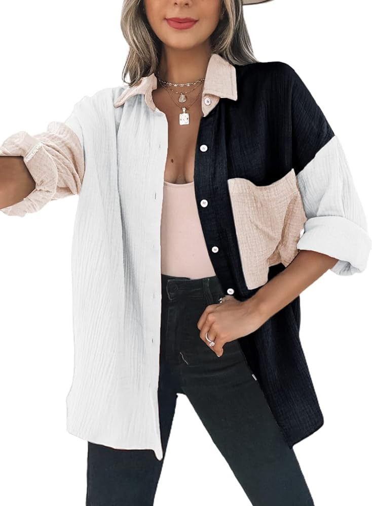 Dokotoo Womens Color Block Button Down Shirts Long Sleeve Oversized Boyfriend Blouses Tops | Amazon (US)