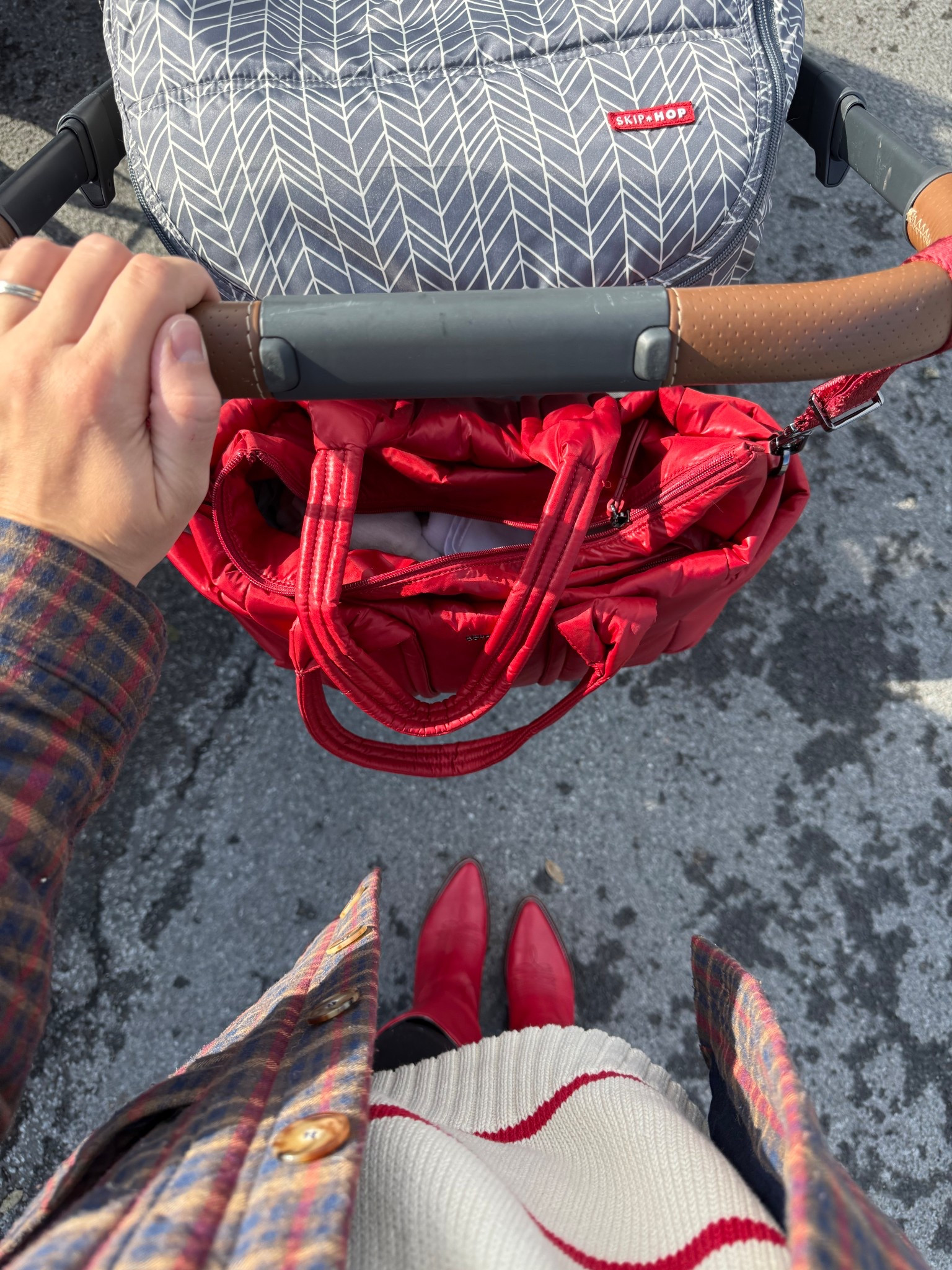 Stroller, red boots, red cowboy boots, diaper bag, baby gear, cotton sweater, oversized sweater, plaid jacket, barn jacket 

#LTKSeasonal #LTKShoeCrush #LTKFindsUnder100