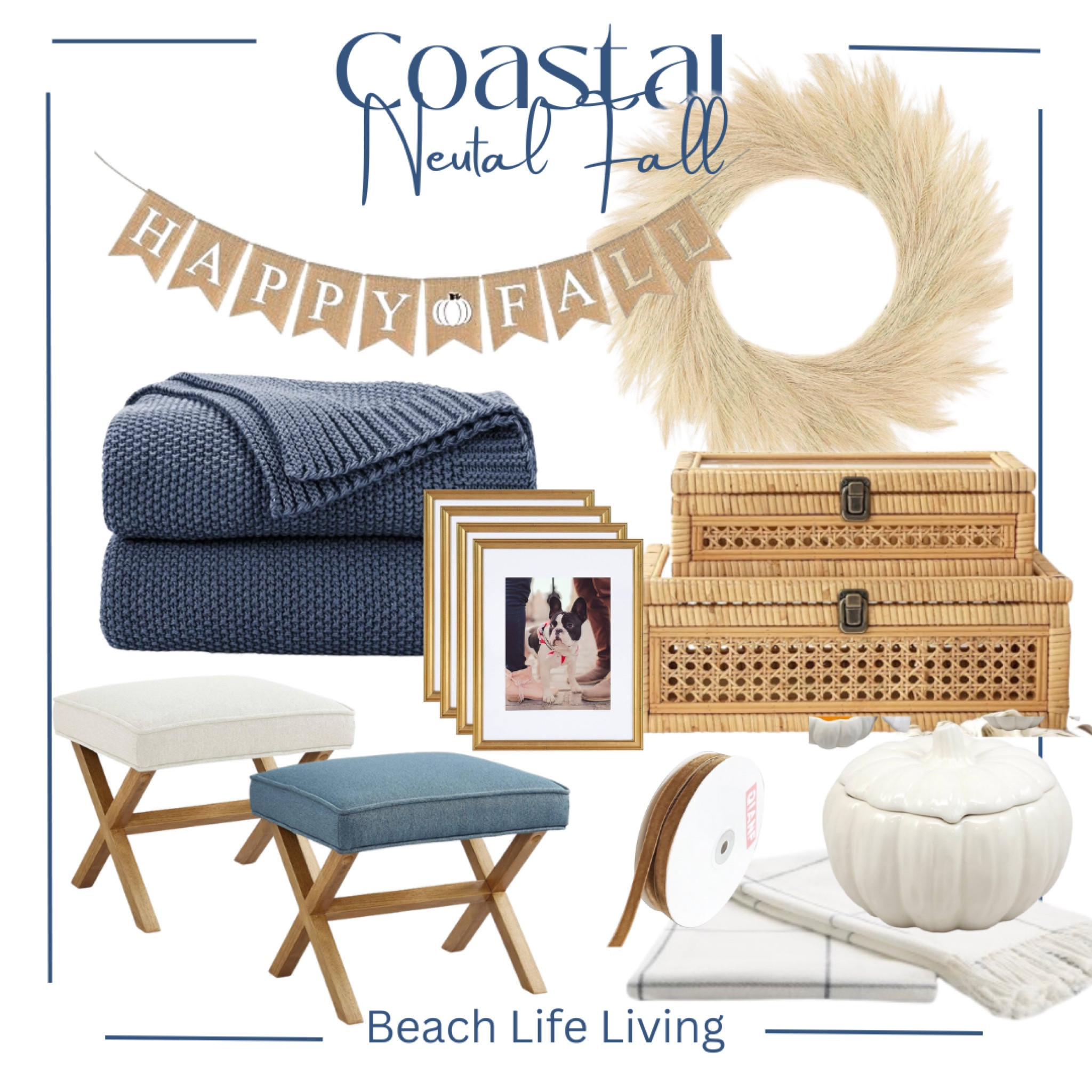Trending this fall are Natural Materials and Neutral decor. Today I have gathered a few of my favorite. 
Coastal blue throw, wicker boxes, blue and white foot stools , bleached wheat wreath and Happy Fall banner. 

#LTKhome #LTKHoliday #LTKSeasonal