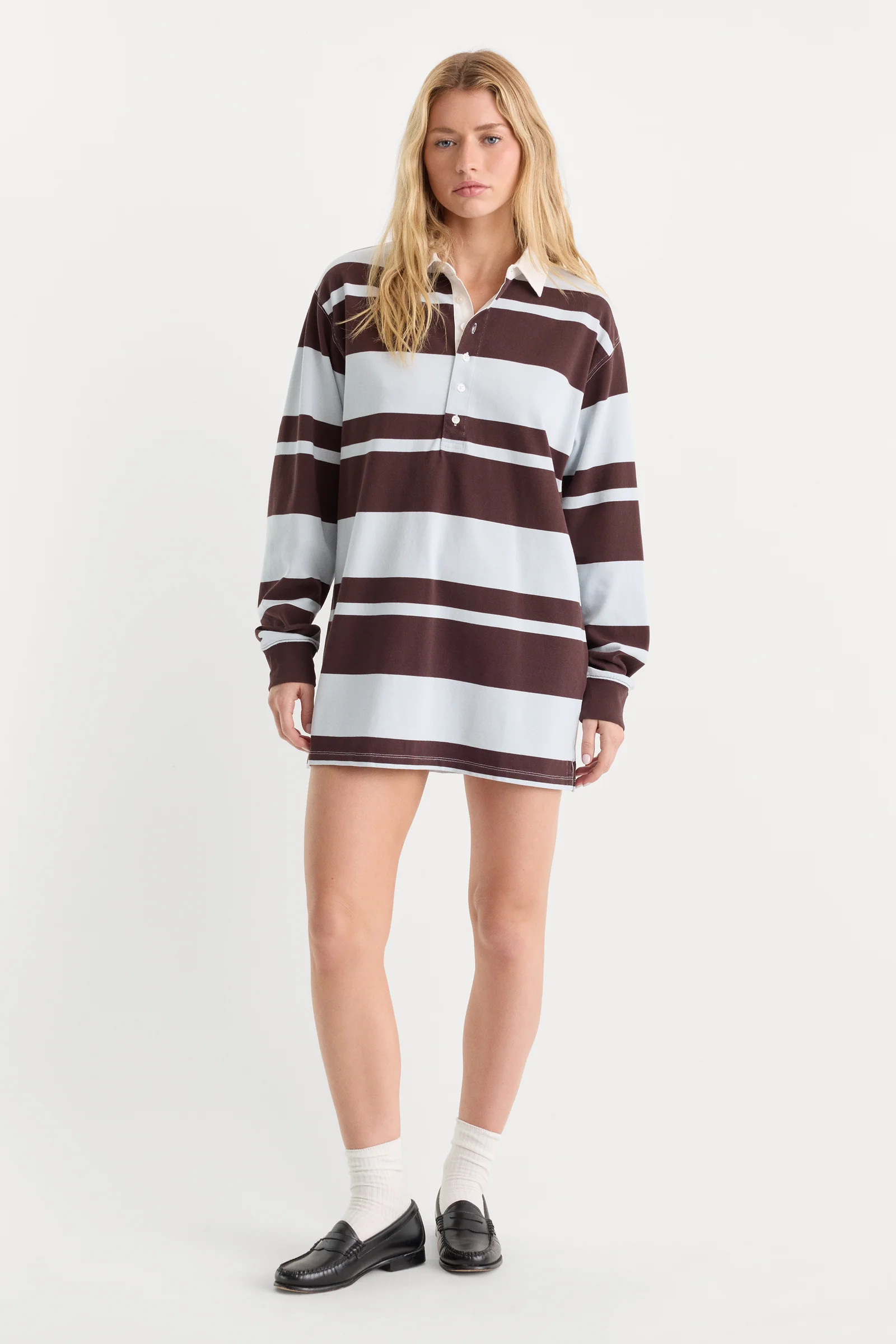THE KNIT RUGBY MINI DRESS | SKY MOCHA CLUB STRIPE | Good American