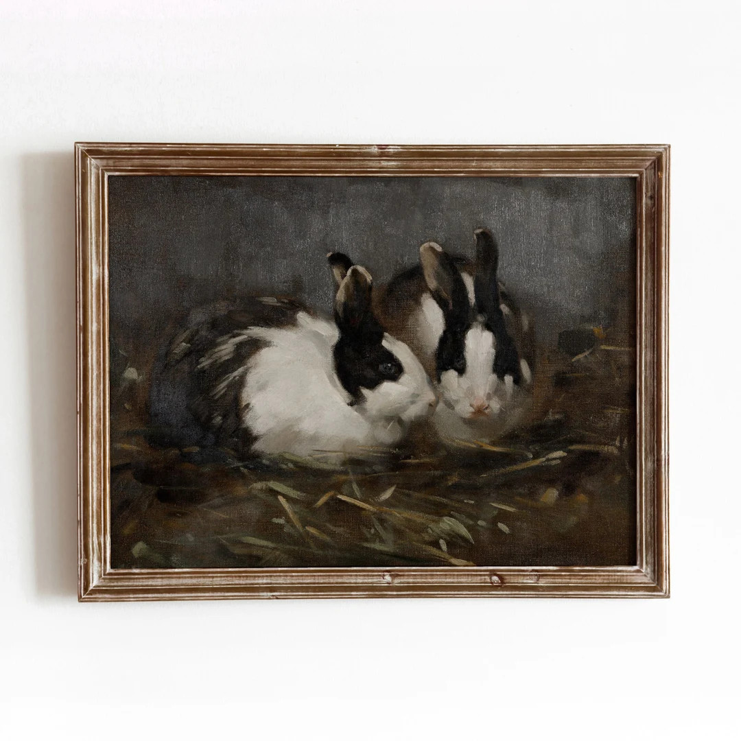 Dutch Rabbits Vintage Animal Painting Black and White Bunny Art Easter Decor Art Digital Download... | Etsy (US)