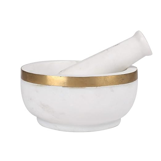 Handcrafted Milky White Marbal Stone Mortar and Pestle Set with Brass Border || Marble Stone Mort... | Amazon (US)