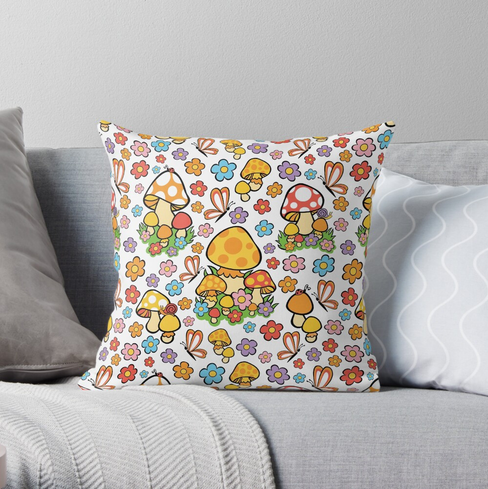 Vintage Groovy Retro 70s Spring and Summer Mushroom Toadstools and Butterfly Throw Pillow | Redbubble (US)