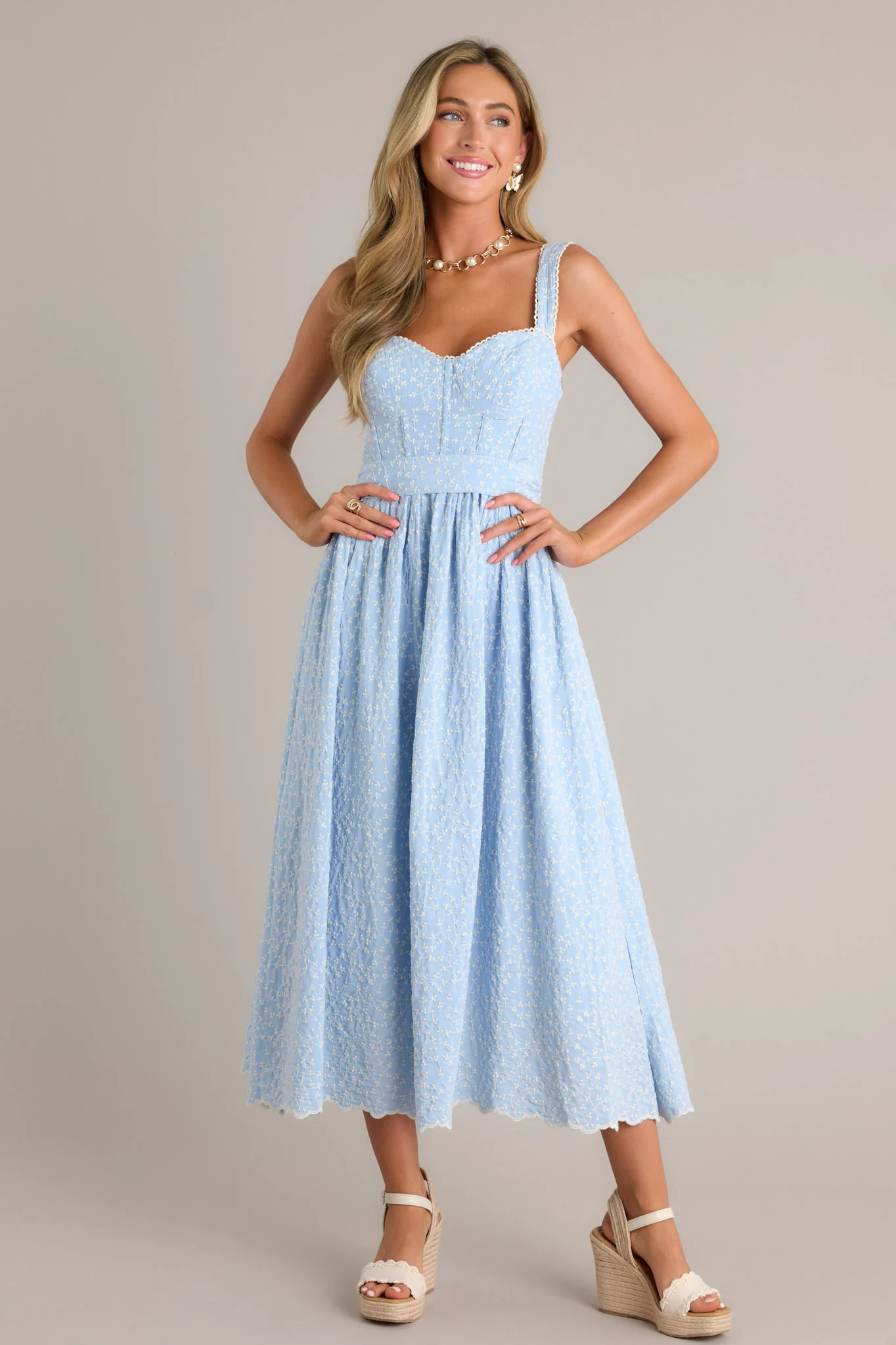 Stitched Serenity Light Blue Embroidered Midi Dress | Red Dress