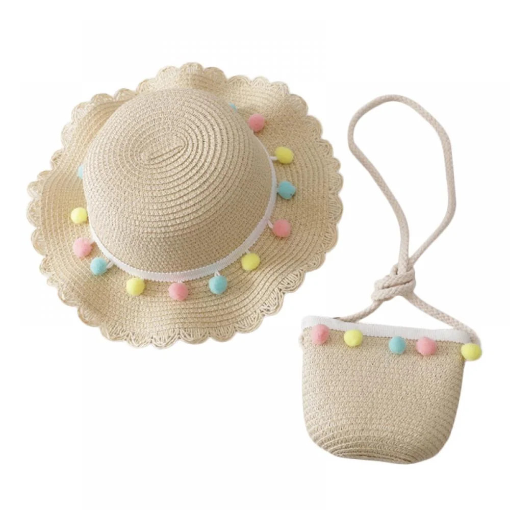 Toddler Baby Girls Straw Hat Wide Brim Sun Hat with Shoulder Bag Set Cute Pompom Beach Hat | Walmart (US)