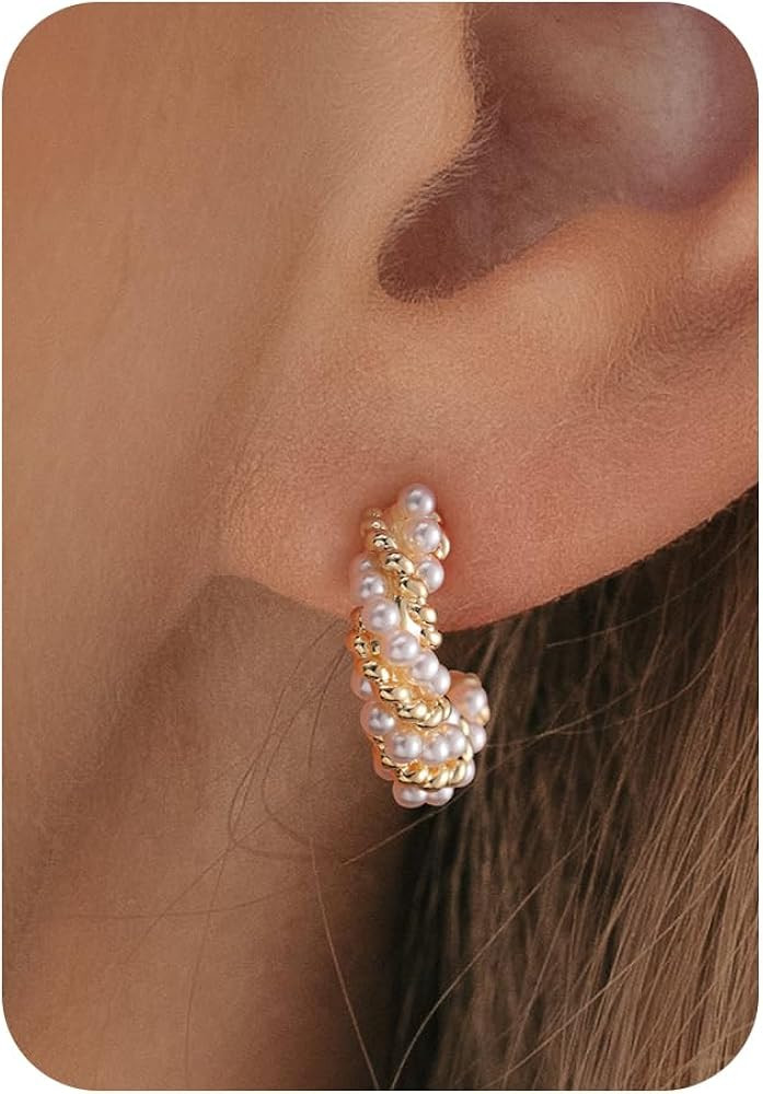 Hoop Earrings for Women-14K Gold Plated Leaf Twist Pearl Dot Boho Huggie Earrings for Women Gifts | Amazon (US)
