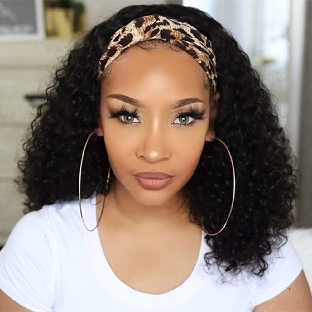 HeadBand Wig Curly Human Hair Wig None Lace Front Wigs for Black Women Deep Wave Machine Made Wig... | Amazon (US)