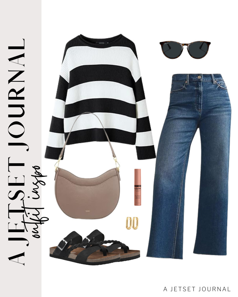 Our last outfit starts with a black-and-white striped loose crewneck pullover and KUNMI jeans. Kattee’s leather shoulder bag and braided footbed sandals complement the fit. To style it, you can use MERRY’S vintage polarized sunnies, gold chunky hoop earrings, and a coat of NYX PROFESSIONAL MAKEUP Butter Gloss.

#LTKSeasonal #LTKSaleAlert #LTKTravel 

 
