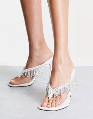 ASOS DESIGN Notation beaded toe thong heeled sandals in white | ASOS (Global)