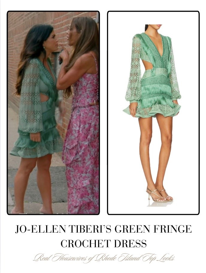 Jo-Ellen Tiberi’s Green Fringe Crochet Mini Dress