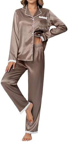 Ekouaer Satin Pajamas for Women Silk Long Sleeve Sleepwear Button Down Loungewear 2 Pieces Lace S... | Amazon (US)