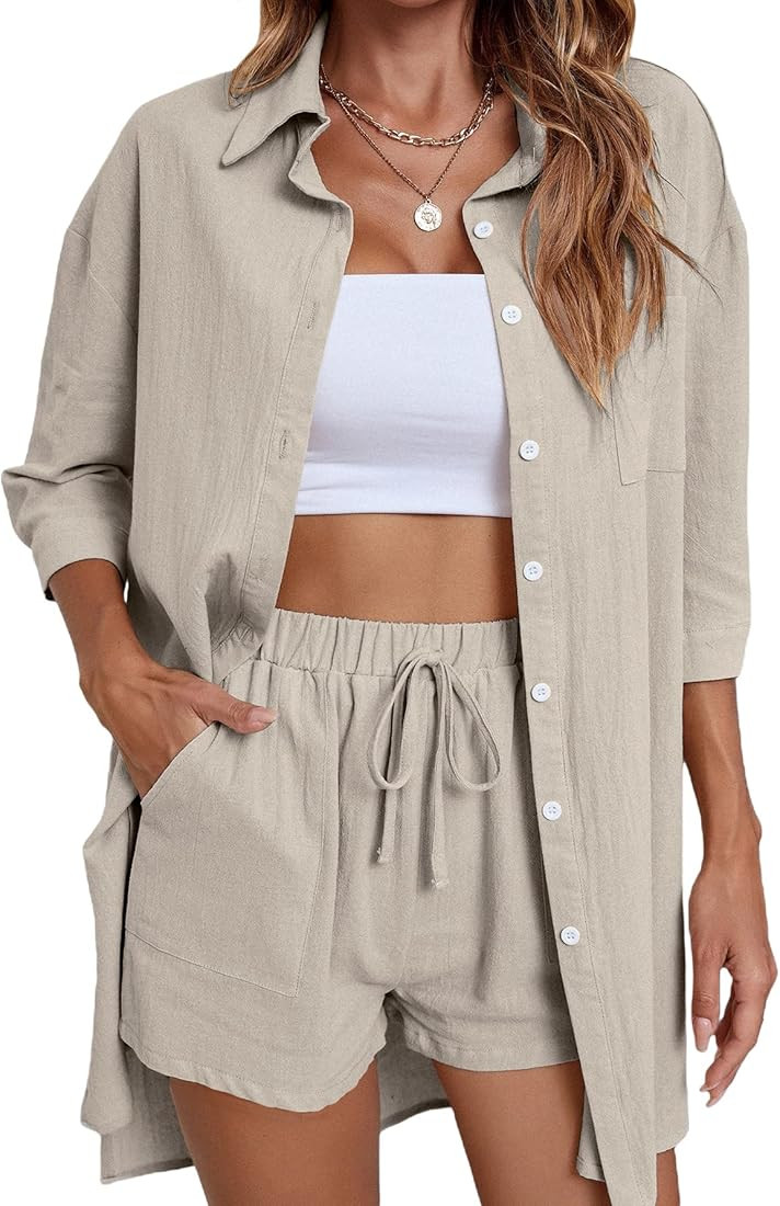 SheIn Women's Two Piece Button Down 3/4 Sleeve High Low Shirt Blouse and Shorts Set | Amazon (US)