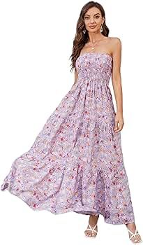 Daenery Women’s Strapless Maxi Dress Floral Off Shoulder Tube Top Casual Beach Party Long Dress | Amazon (US)