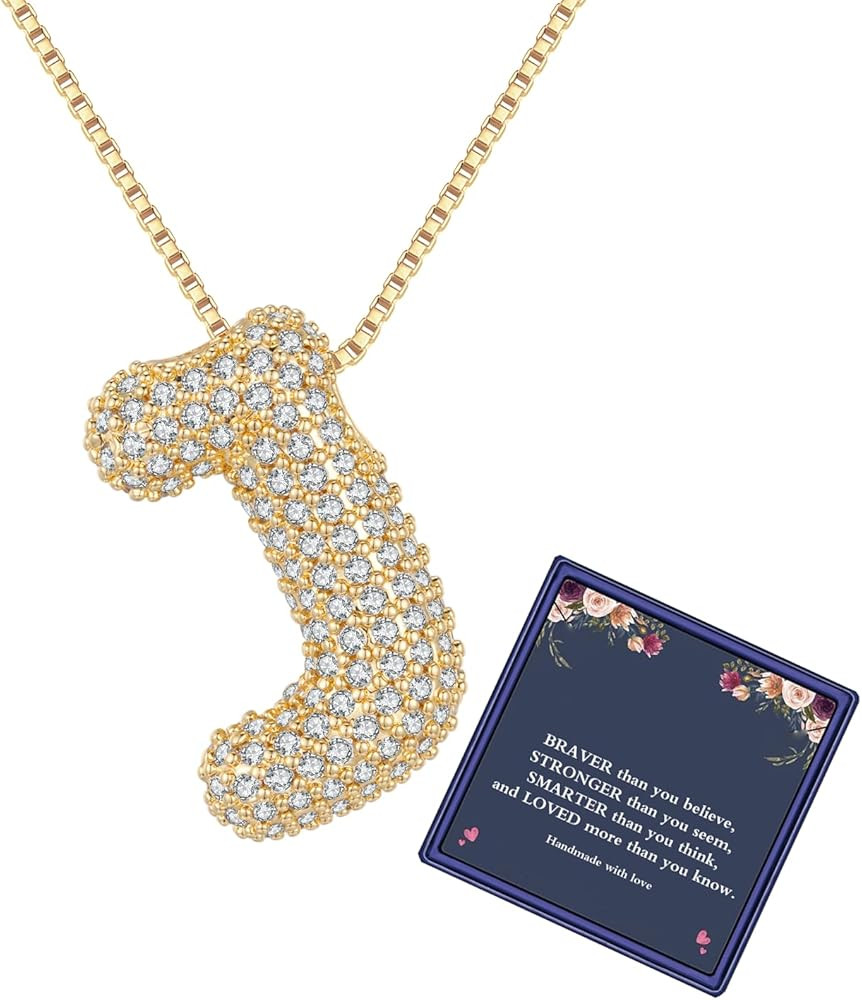 Bubble Letter Necklace Gold for Women，Charm Balloon Initial Letter Pendant Zirconia Inlaid Neck... | Amazon (US)