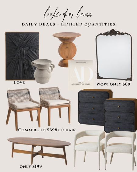 Furniture sale and Daily deals. Woven dining chairs. Woven counter stools. Oval coffee table. Black art abstract. Modern art minimalist. black nightstand with drawers. Wooden side table round. Ornate mirror primrose. Gilt mirror brass. White dining chairs modern. Upholstered dining chair barrel. 

#LTKsalealert #LTKhome