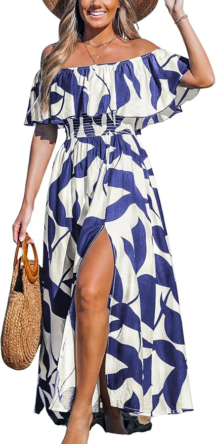CUPSHE Womens Ruffle Floral Maxi Summer Dress Off Shoulder Beach Dress | Tube neck Short sleeve, ... | Amazon (US)