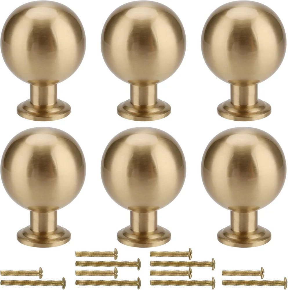 HAKZEON 6 PCS 1.1 Inch Round Ball Brass Cabinet Knobs, Brushed Brass Cabinet Knobs, Round Gold Ca... | Amazon (US)