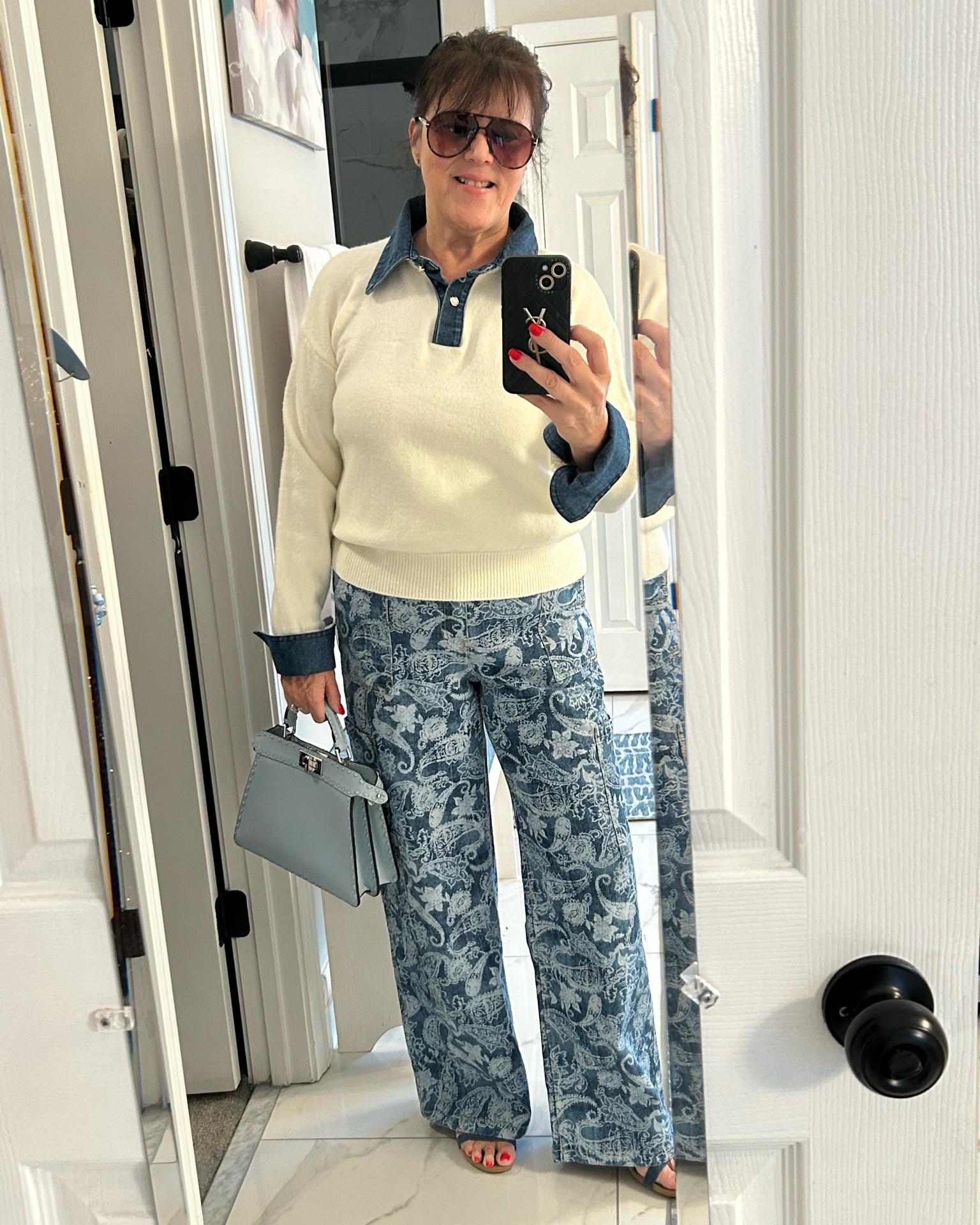 Cream and denim is such a classic fall combo!! 🍂 This sweater with the denim collar and cuffs is so cute, comfy, and put-together all at once. It works for coffee dates, errands, even the office!
Which do you love more — the sweater or the patterned pants? 💙
#over50fashion #styleover50 #fallfashion #agelessstyle #falloutfit

#LTKgrwm #LTKMidsize #LTKOver40