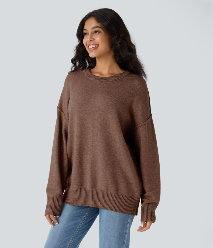 Women’s Round Neck Dropped Shoulder Long Sleeve Casual Sweater - Halara | HALARA