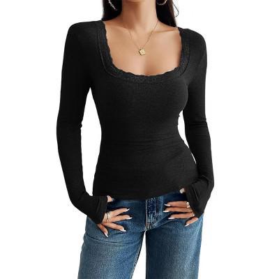Womens Long Sleeve Sliming Tops Lace U Neck Tee Shirts Knit Rib Tops Slim Fit Open Back Tee Blouse,Black - 2XL | Target