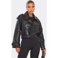 Collared Belt Detail Biker Jacket In Black Faux Leather, Women's Size UK Small S | EGO (UK)