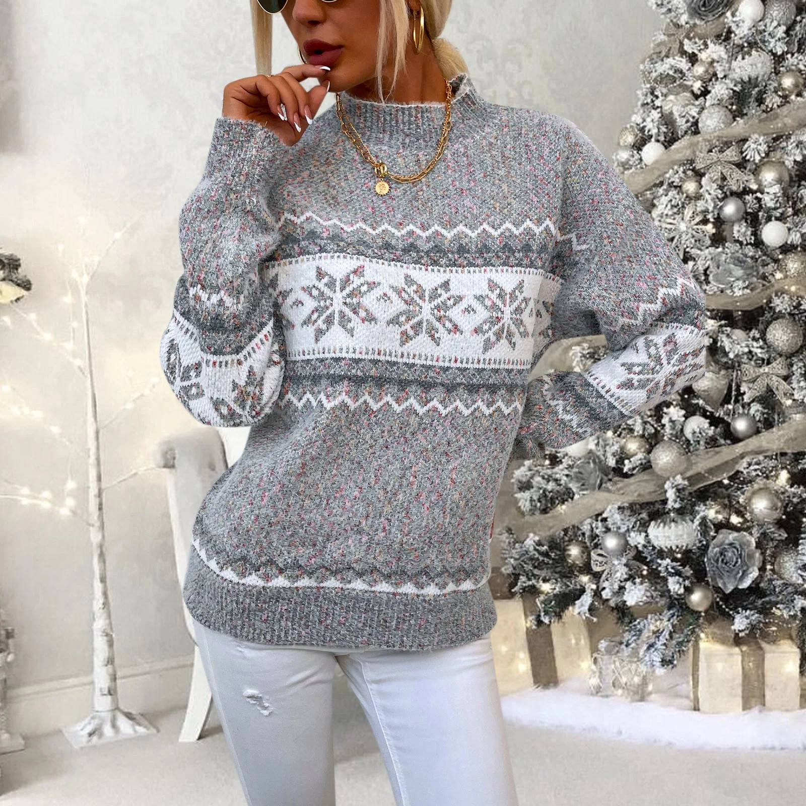 labakihah sweaters for women women's christmas snowflake sweater turtleneck vintage holiday knit ... | Walmart (US)