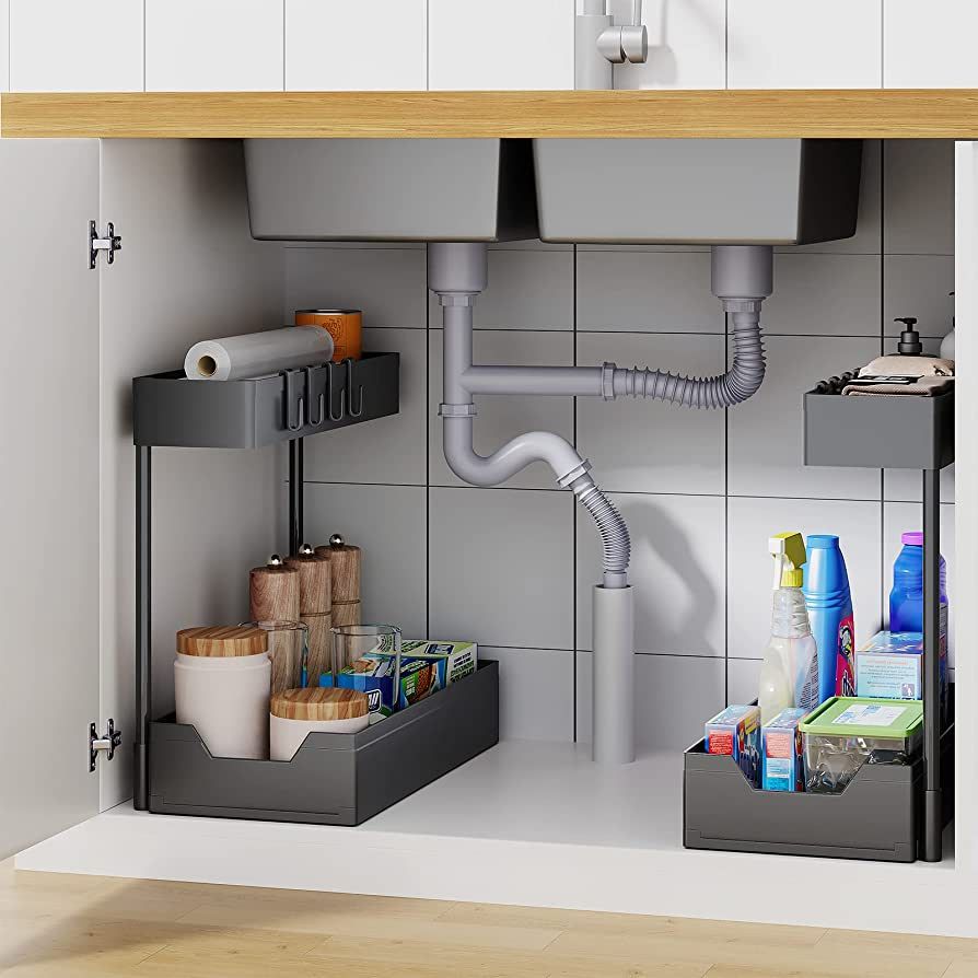 2 Pack Under Sink Organizers and Storage, UINOFLE 2 Tier Sliding Cabinet Organizer Drawer with 8 ... | Amazon (US)