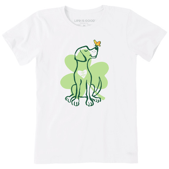Life is Good Women's Irish Spring Clover Dog Crusher Short Sleeve T-Shirt in Cloud White Size Small | 100% Cotton | Life is Good