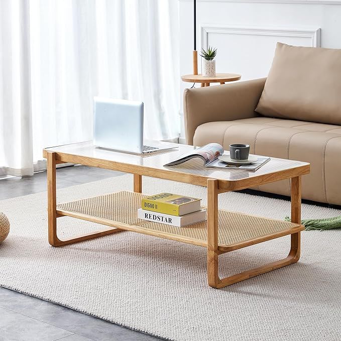Ganooly Mid Century Modern Coffee Table with Ribbed Glass Top and PE Rattan Storage Shelf, 45 Inc... | Amazon (US)
