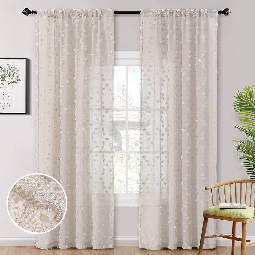 MYSKY HOME Pom Pom Wood Beige Sheer Curtains for Bedroom Light Filtering Semi-Sheer Curtains for ... | Amazon (US)