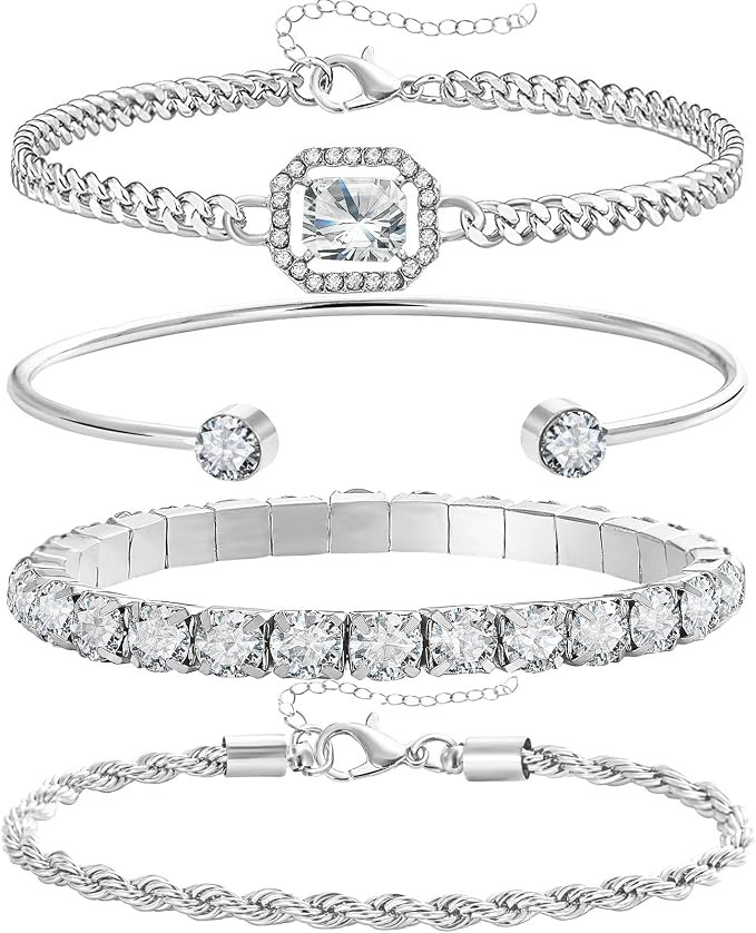 Dainty Gold Silver Bracelets Set for Women Girls 14K Plated Link Cubic Zirconia Paperclip Stake L... | Amazon (US)