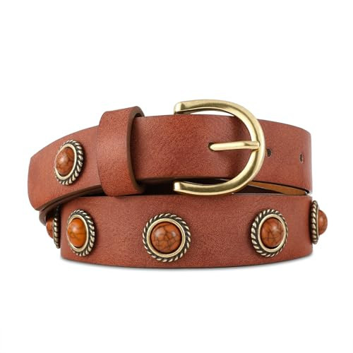 RISANTRY Women's Brown Rivet Belt with Gold Buckle Punk Studded Belt for Jeans Pants Dresses | Amazon (US)