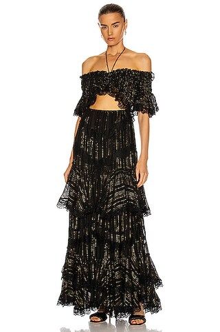 ROCOCO SAND Adina Long Dress in Black,Stripes,Metallic | FWRD 