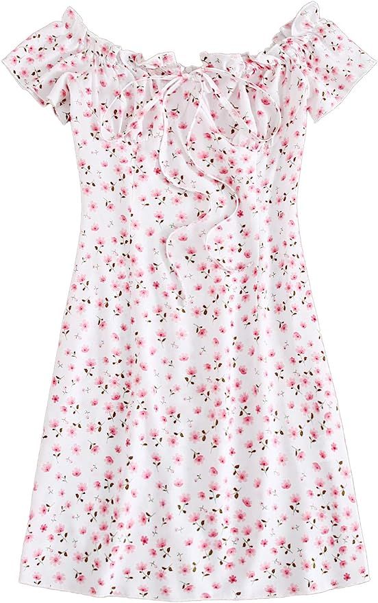 Floerns Women's Frill Tie Front Ditsy Floral Short Sleeve A Line Dress | Amazon (US)