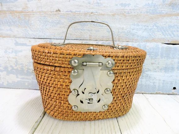 Vintage Wicker Basket Purse Nantucket Style Woven Bucket w/ Lid Handbag Asian Style Silver Metal Har | Etsy (US)