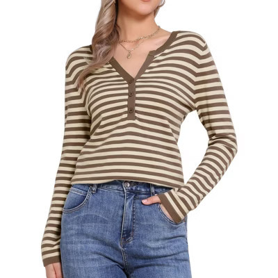 INSPIRE CHIC Women's Long Sleeve Stripe V Neck Casual Basic Knitted Shirts Large Brown | Target