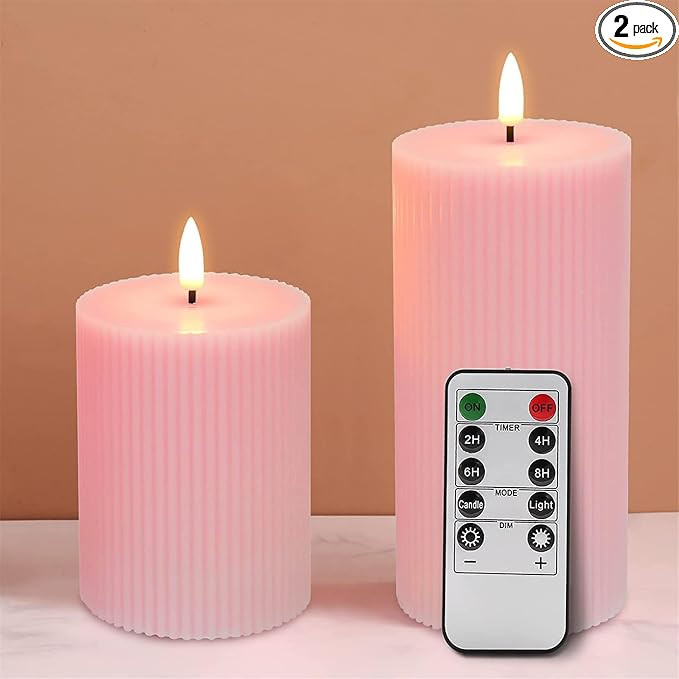 Girimax Pink Ribbed Flameless Pillar Candles with Remote, 2 Pack Flickering Battery Operated LED ... | Amazon (US)