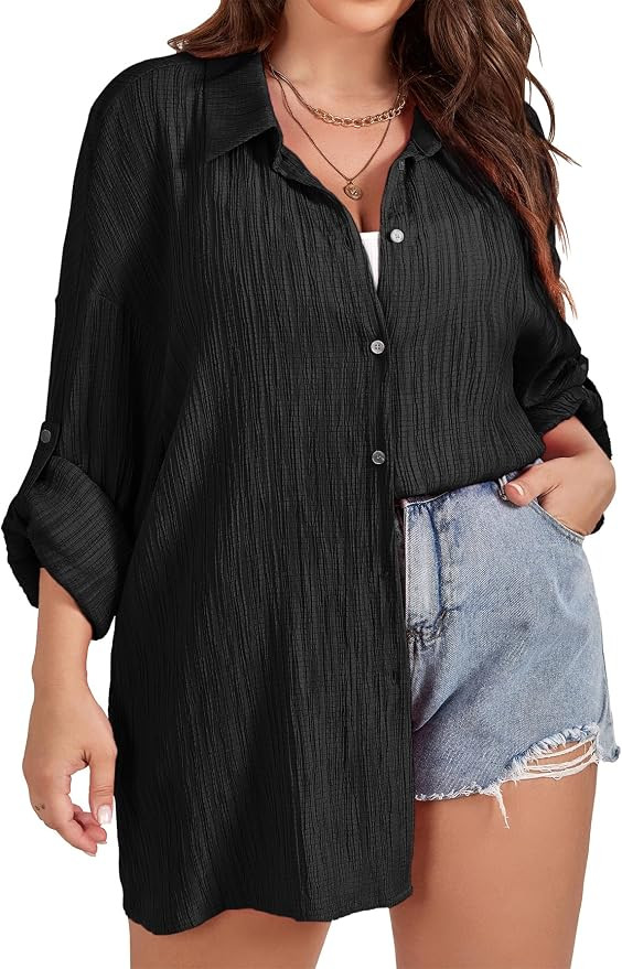 SCOMCHIC Women Plus Size Button Down Shirts Long Roll Up Sleeve V Neck Collared Casual Blouses Ov... | Amazon (US)